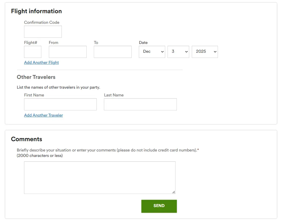 The fields on the Alaska Airlines feedback form for flight information and comments