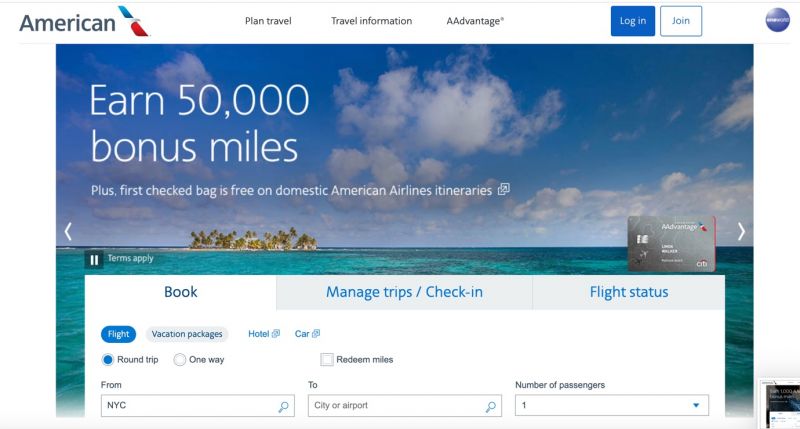 A screenshot of the American Airlines website where you can purchase tickets