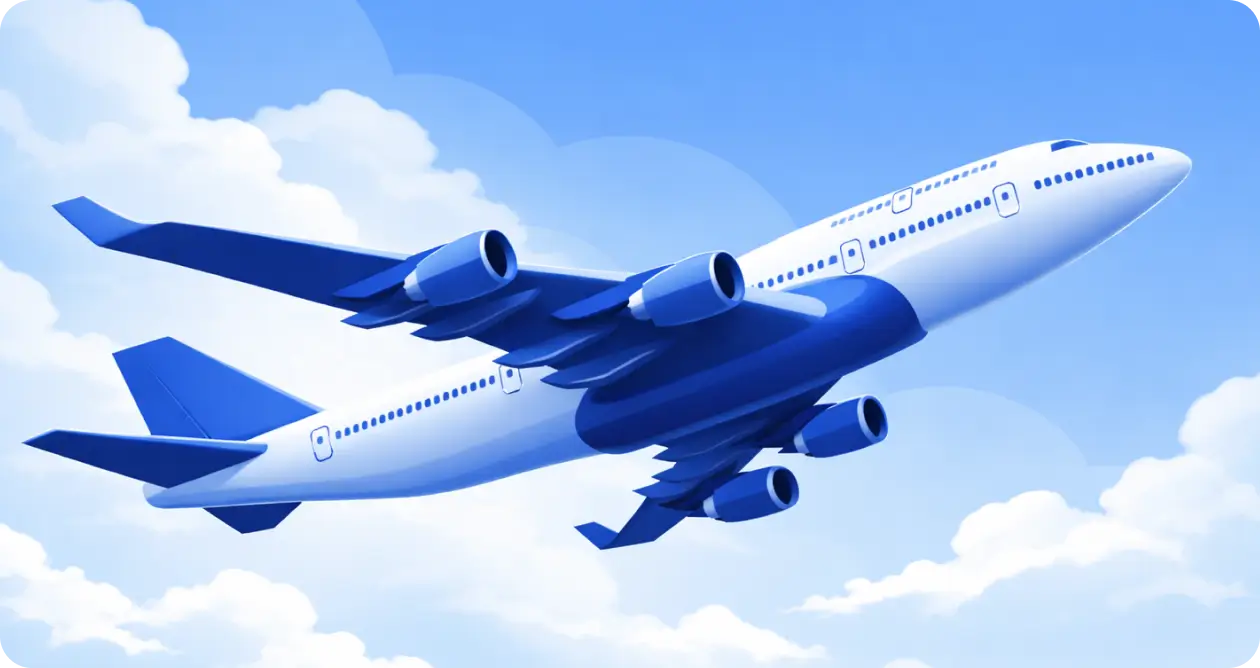 Ilustra&ccedil;&atilde;o de um avi&atilde;o de passageiros azul a voar acima das nuvens num c&eacute;u limpo