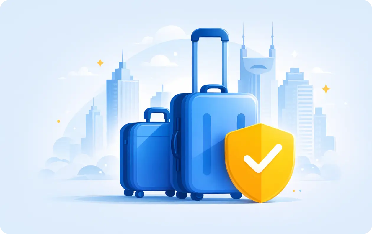 Malas de viagem azuis com s&iacute;mbolo amarelo em forma de escudo representando prote&ccedil;&atilde;o para bagagem
