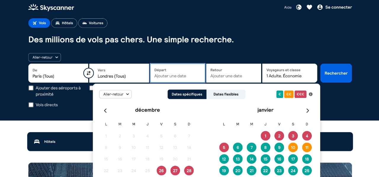 Options de filtrage Skyscanner pour trouver le billet le moins cher