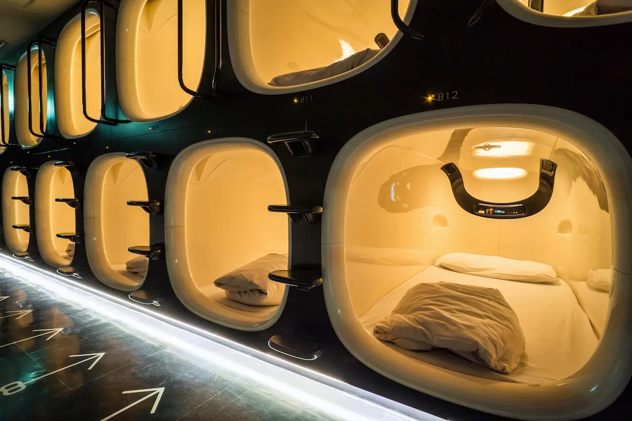 Capsule hotel beds in Kyoto, Japan