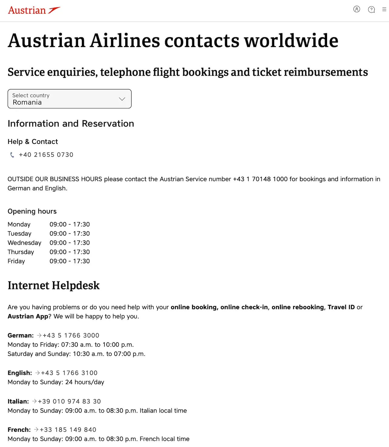 Contact Austrian Airlines Romania