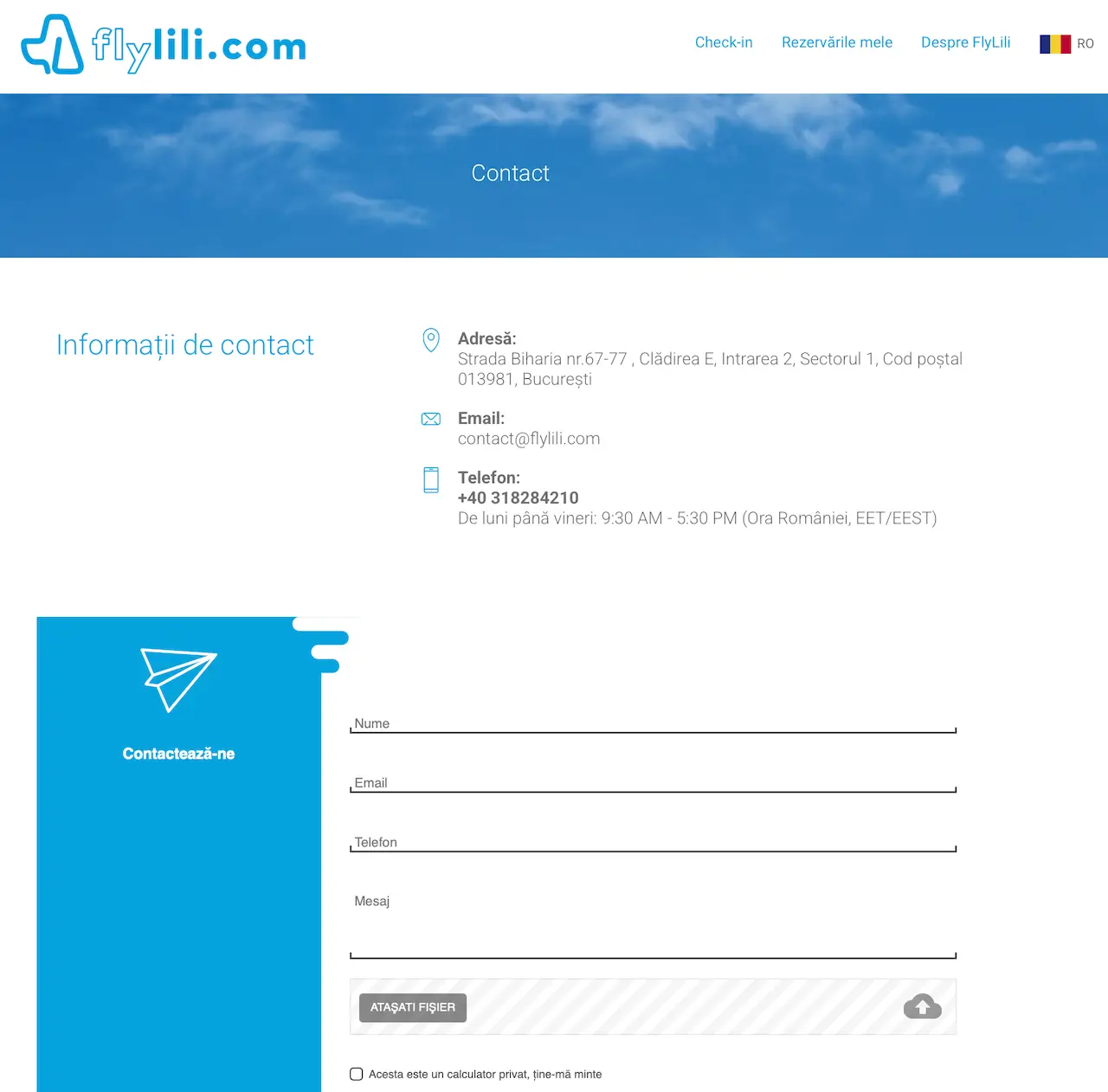 Contact FlyLili pentru pasagerii din România