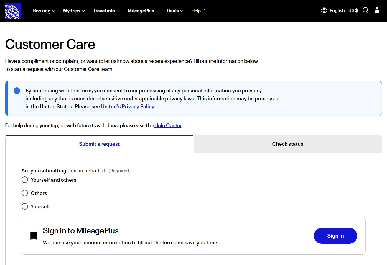 The Customer Care Form to use when submitting a United Airlines reimbursement claim