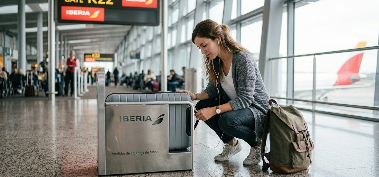 Chica comprobando las medidas de su maleta en el medidor de equipaje de Iberia