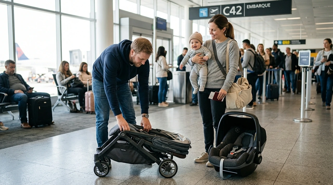 Familia viajando con un beb&eacute; y carrito de paseo plegable en la terminal del aeropuerto antes de embarcar.