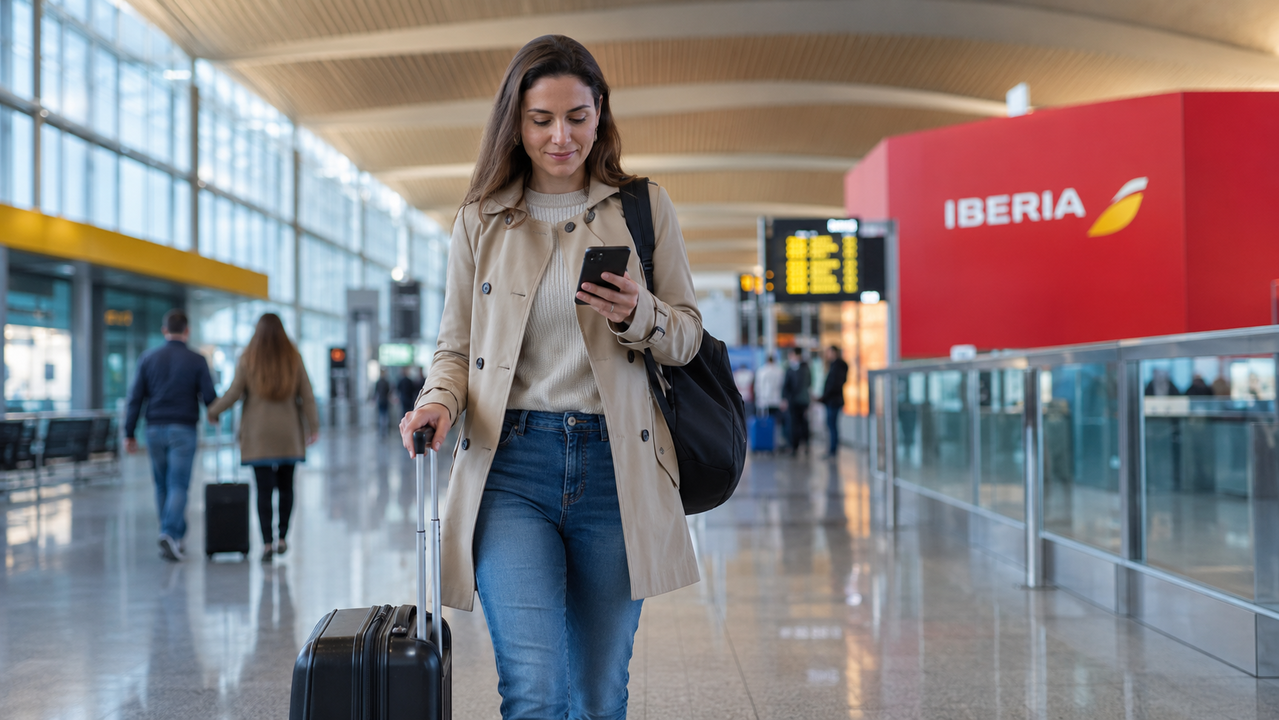 Pasajera caminando por el aeropuerto con su maleta de cabina
