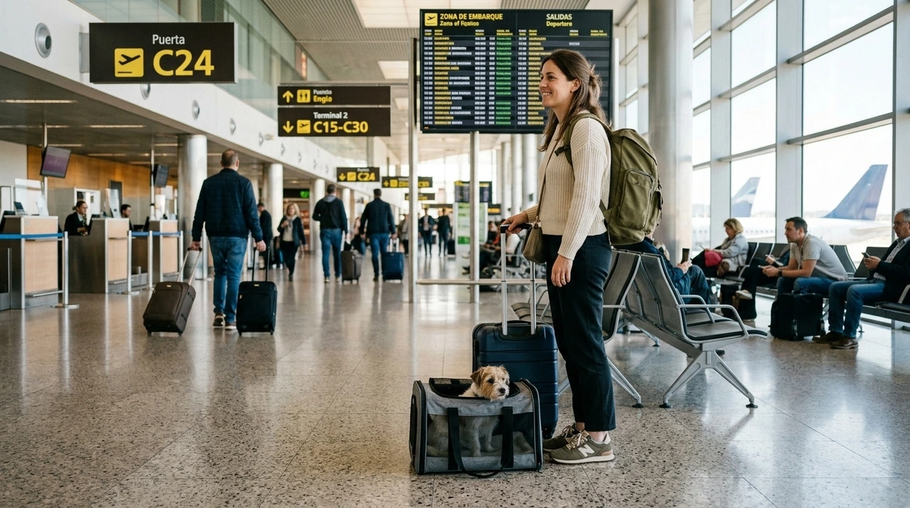 Pasajera con su perro en el transport&iacute;n antes de coger su vuelo de Volotea