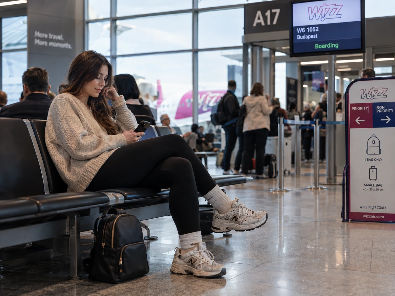 Pasajera con una peque&ntilde;a pieza de equipaje de mano en una puerta de embarque de Wizz Air.