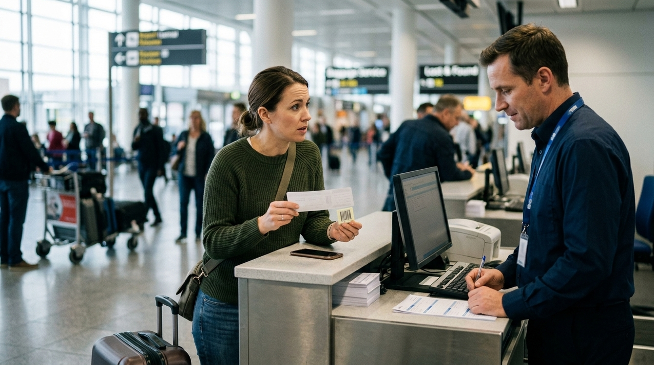 Pasajera consultando al personal del mostrador de facturaci&oacute;n de Ryanair sobre su equipaje