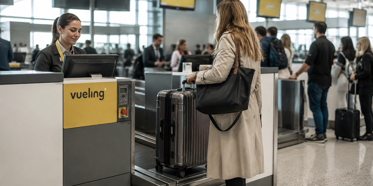 Pasajera dejando su maleta facturada en el mostrador de facturaci&oacute;n de Vueling