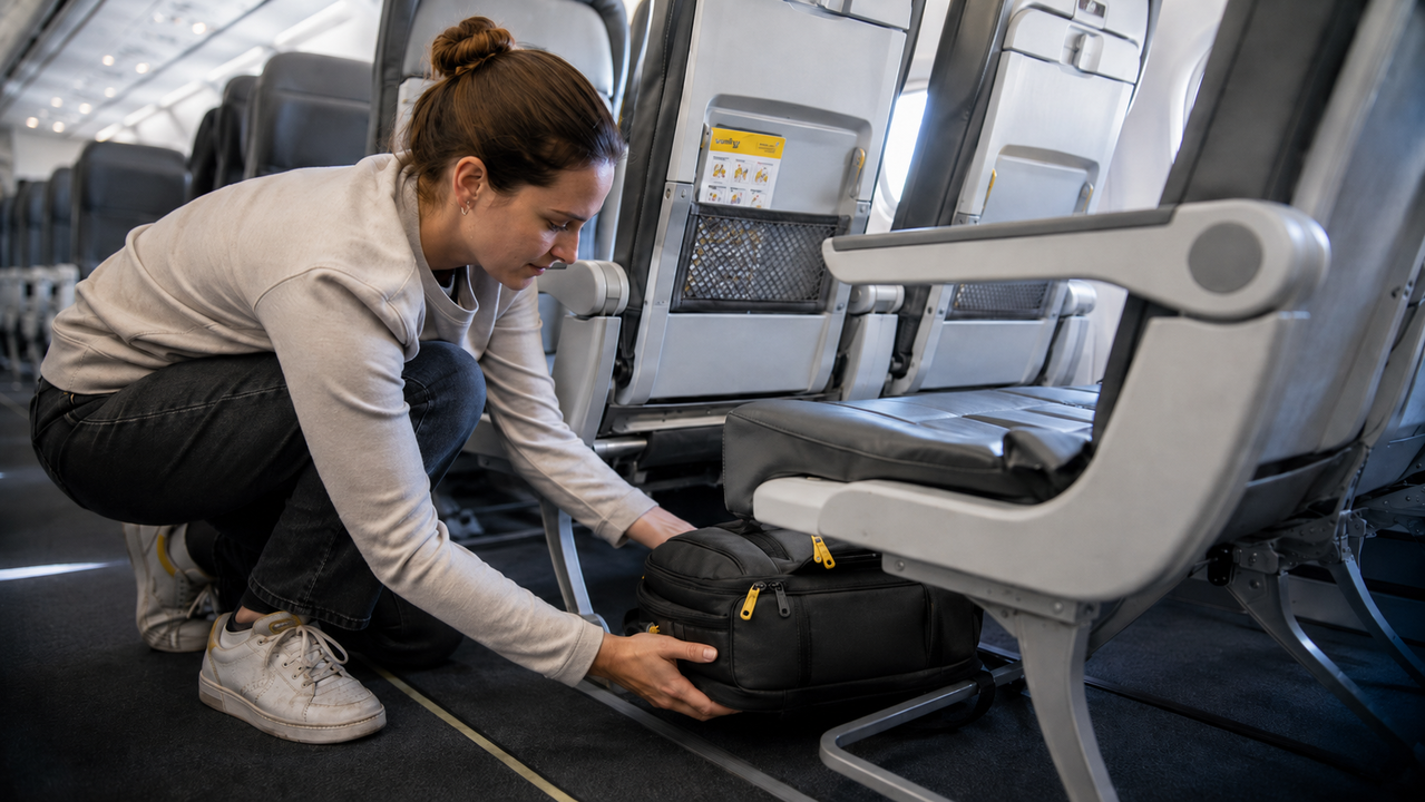 Pasajera en un avi&oacute;n de Vueling colocando su mochila debajo del asiento