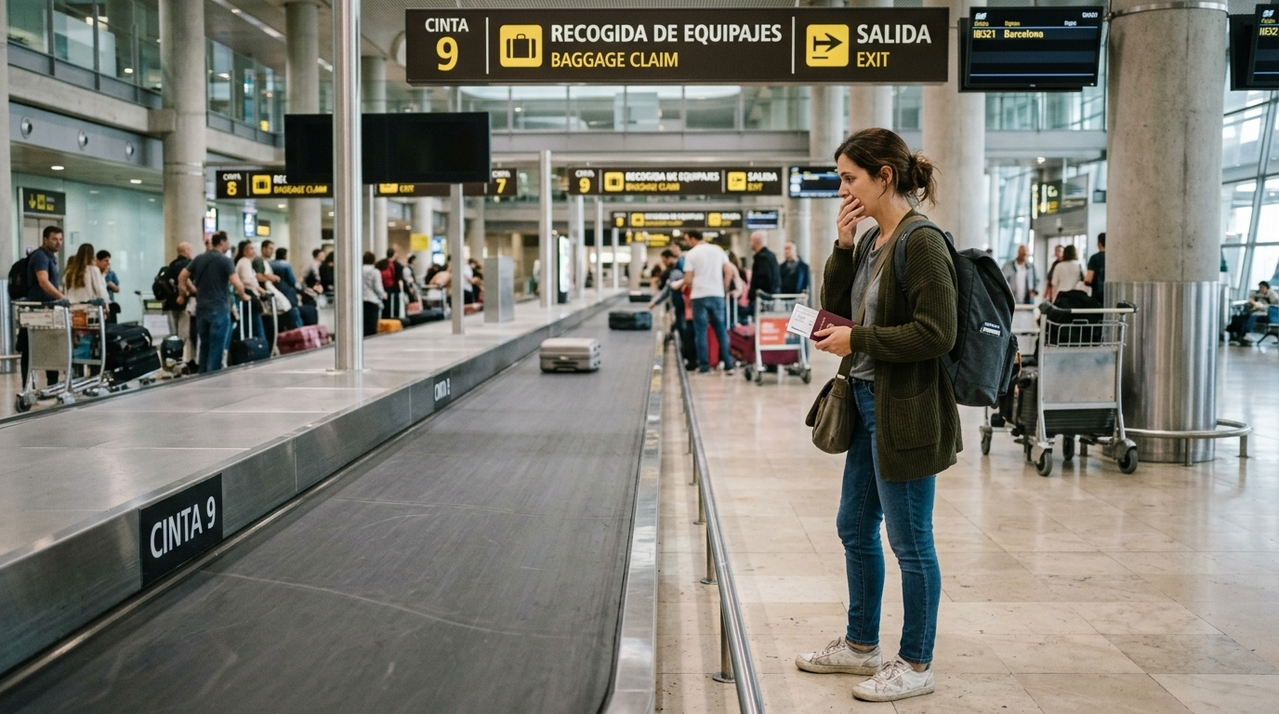 Pasajera esperando la llegada de su maleta frente a la cinta de equipajes