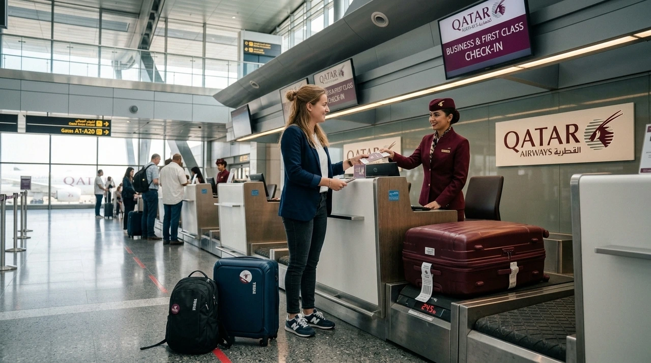 Pasajera facturando una maleta en un mostrador de Qatar Airways