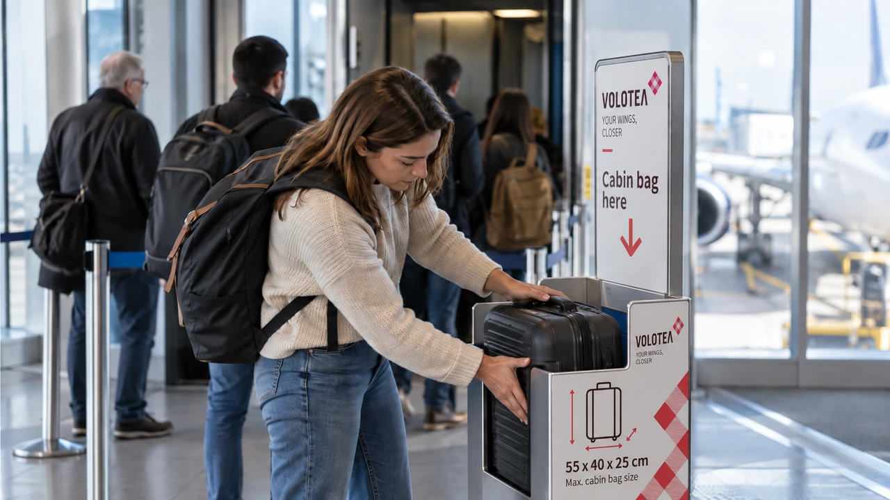 Pasajera midiendo su maleta de cabina en un medidor de Volotea