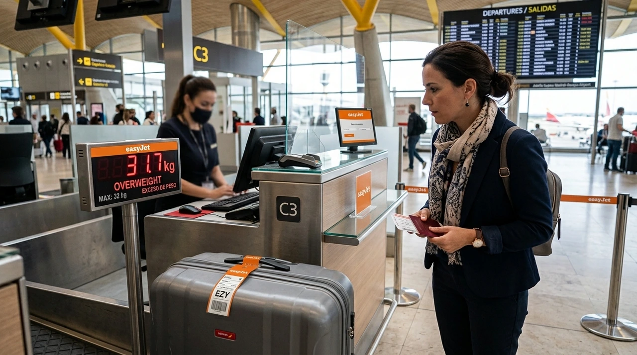 Pasajera pesando su maleta facturada en la b&aacute;scula del mostrador de facturaci&oacute;n de easyJet en el aeropuerto para evitar penalizaciones por exceso de equipaje.