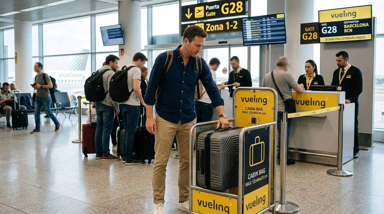 Pasajero comprobando el tama&ntilde;o de su maleta en el medidor de equipajes de Vueling