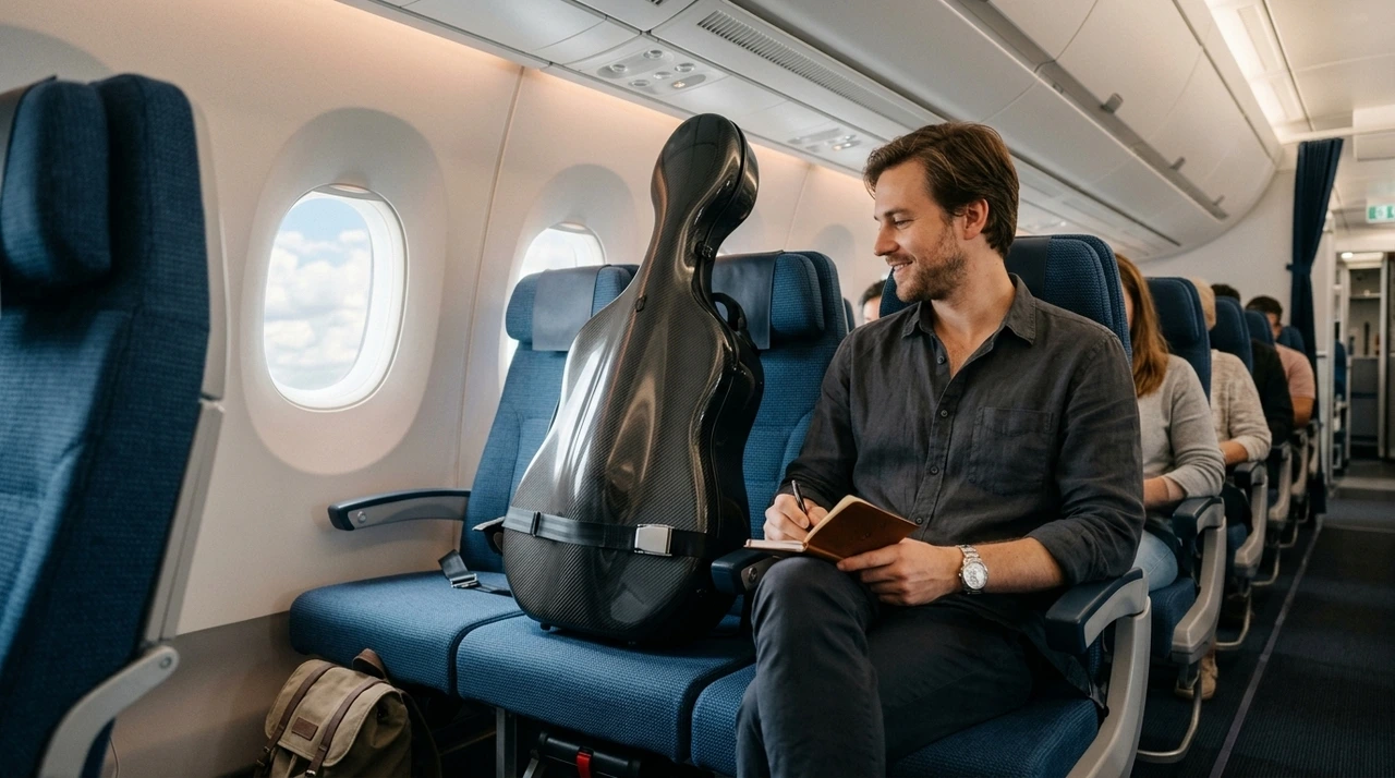 Pasajero con un instrumento musical en un avi&oacute;n de Lufthansa