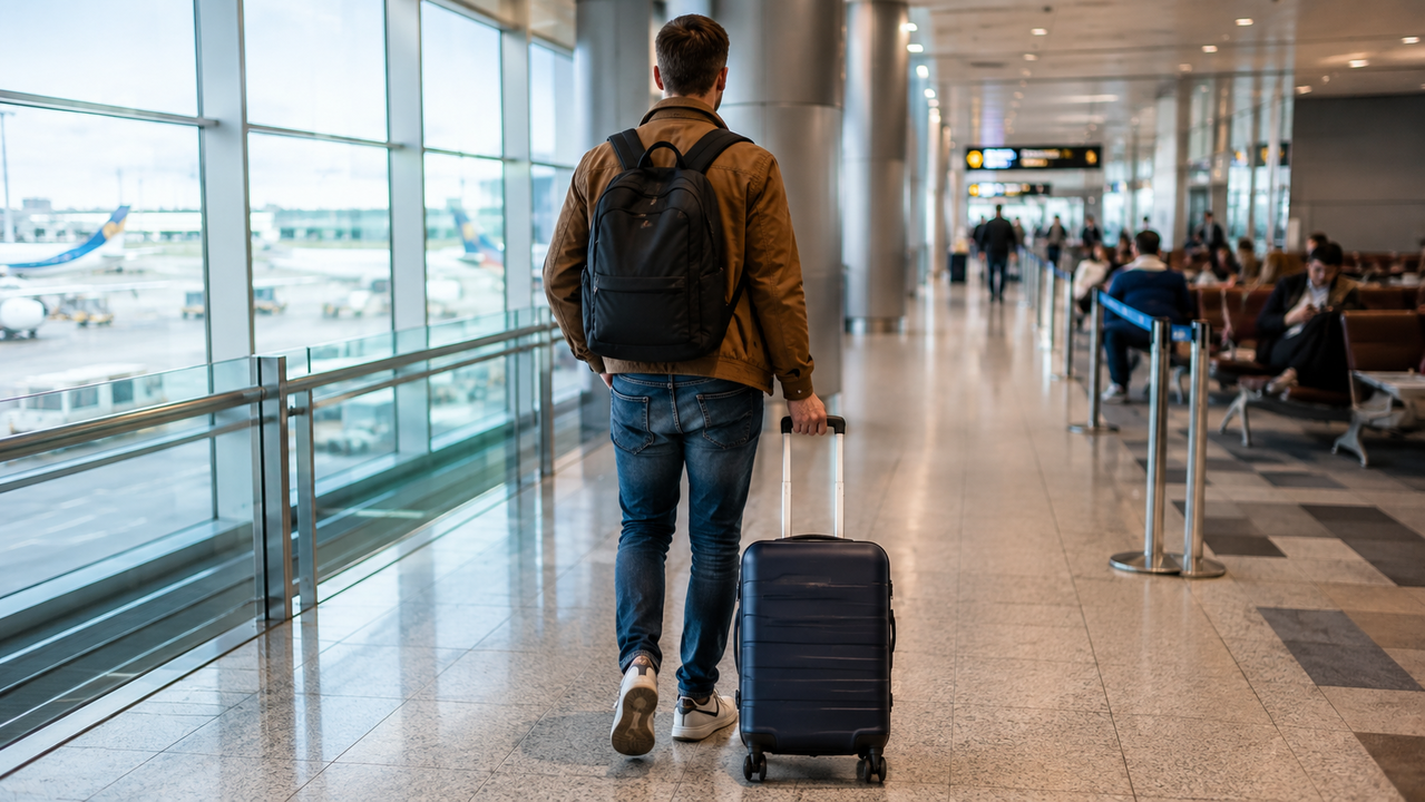 Pasajero de espaldas caminando por el aeropuerto con una mochila y una maleta de cabina