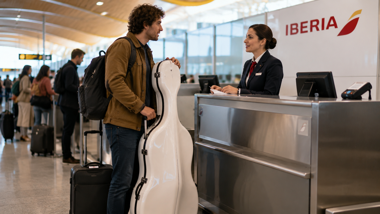 Pasajero en el mostrador de facturaci&oacute;n de Iberia con un instrumento musical