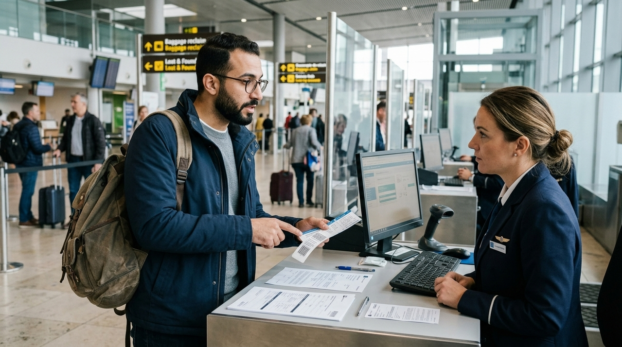 Pasajero en el mostrador de objetos perdidos del aeropuerto rellenando el formulario PIR