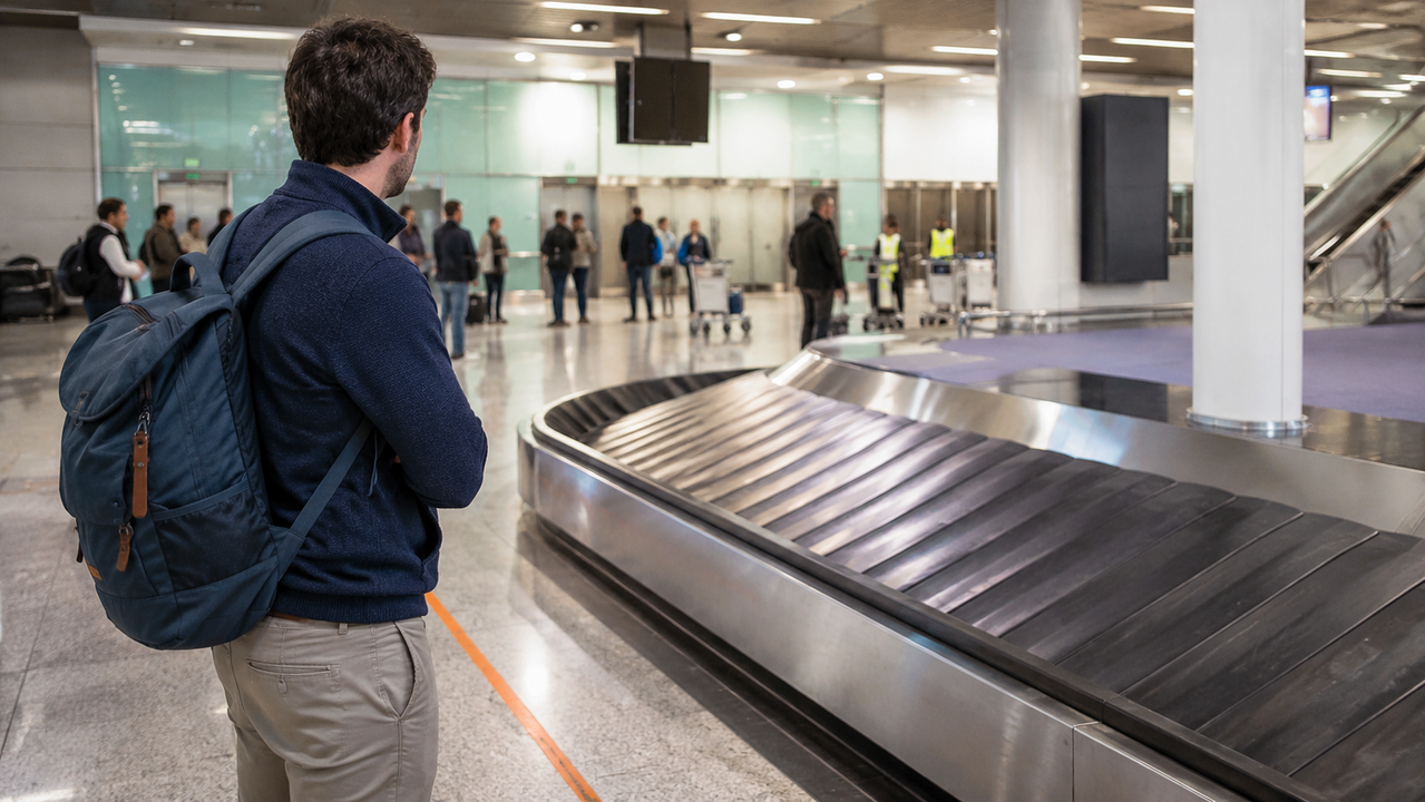 Pasajero esperando su maleta junto a la cinta de equipajes en la terminal del aeropuerto