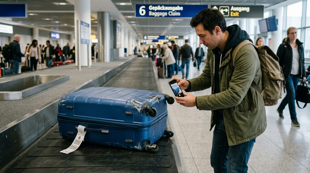 Pasajero fotografiando con su tel&eacute;fono m&oacute;vil su valija da&ntilde;ada tras la llegada a su destino