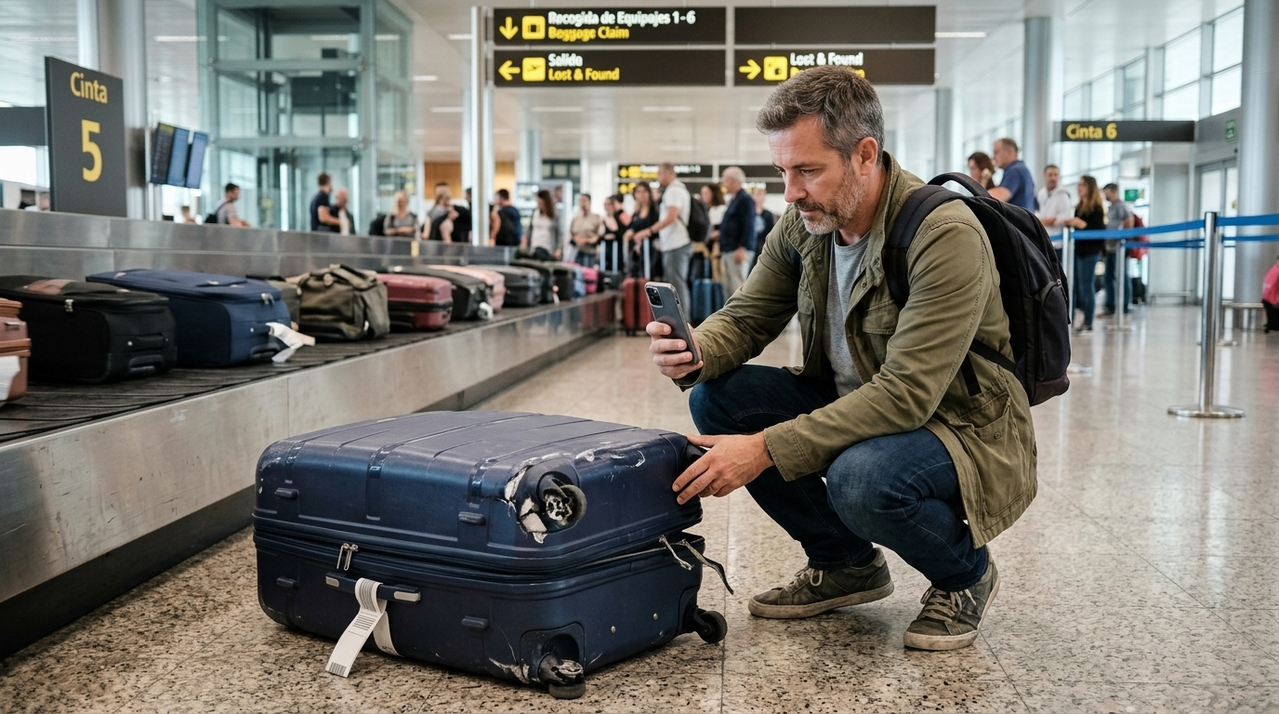 Pasajero fotografiando su maleta da&ntilde;ada tras un vuelo con Ryanair
