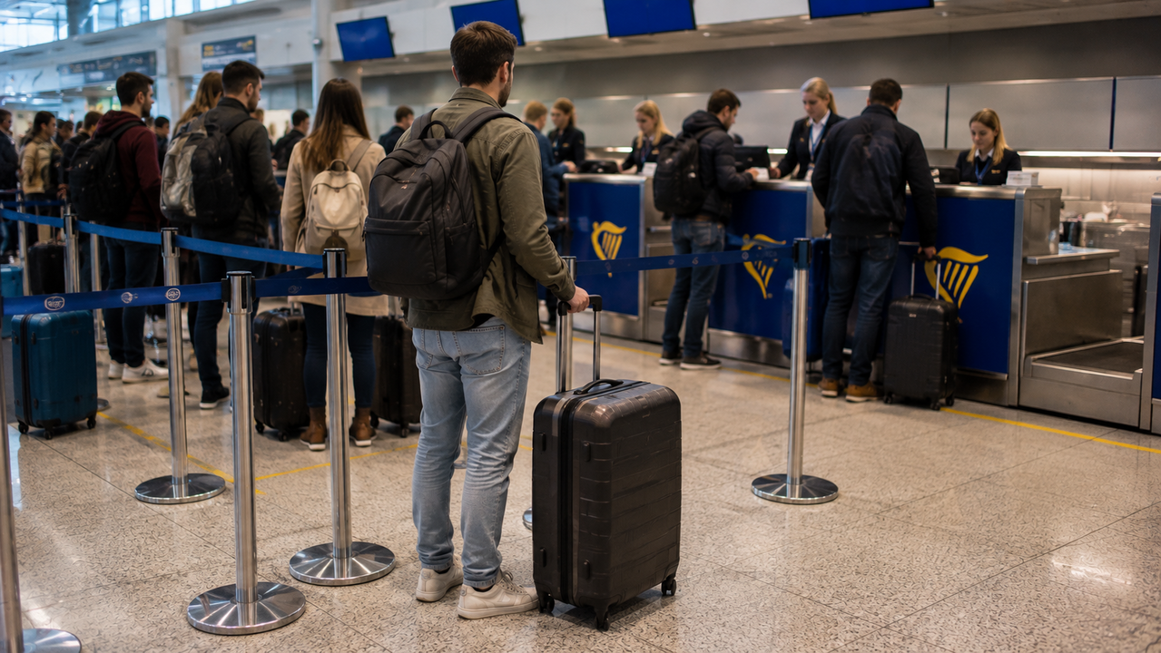 Pasajero haciendo cola frente al mostrador de facturaci&oacute;n de Ryanair en el aeropuerto