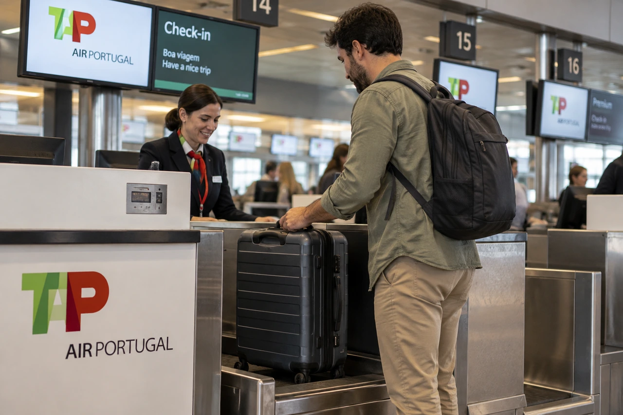 Pasajero pesando una maleta facturada en el mostrador de TAP Air Portugal en el aeropuerto