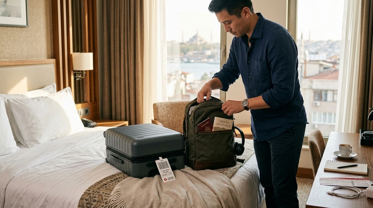 Pasajero preparando maleta de cabina y art&iacute;culo personal para volar con Turkish Airlines