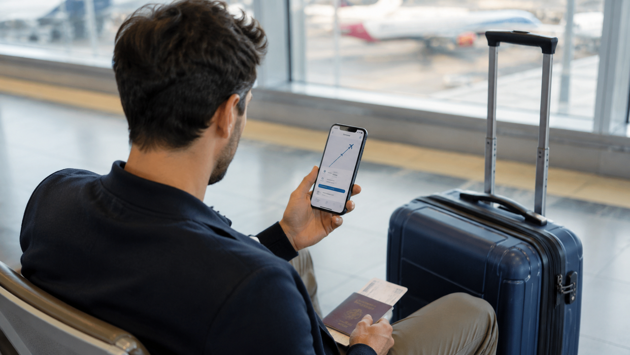 Pasajero sentado en la sala de espera del aeropuerto consultando el estado de su equipaje en el m&oacute;vil