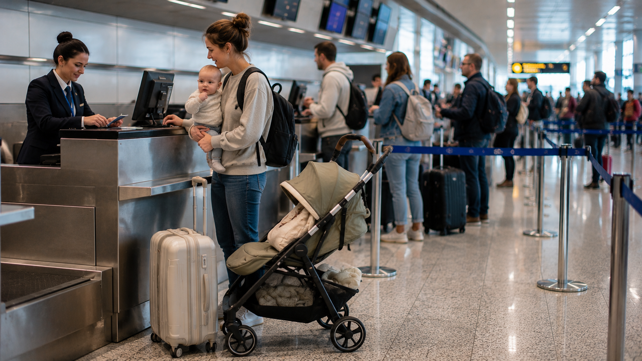 Ryanair-mujer-con-bebe-facturando