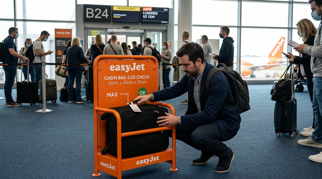 Un pasajero comprueba si su equipaje de mano cumple las medidas permitidas introduciendo la maleta en el medidor de cabina de easyJet en la puerta de embarque del aeropuerto.