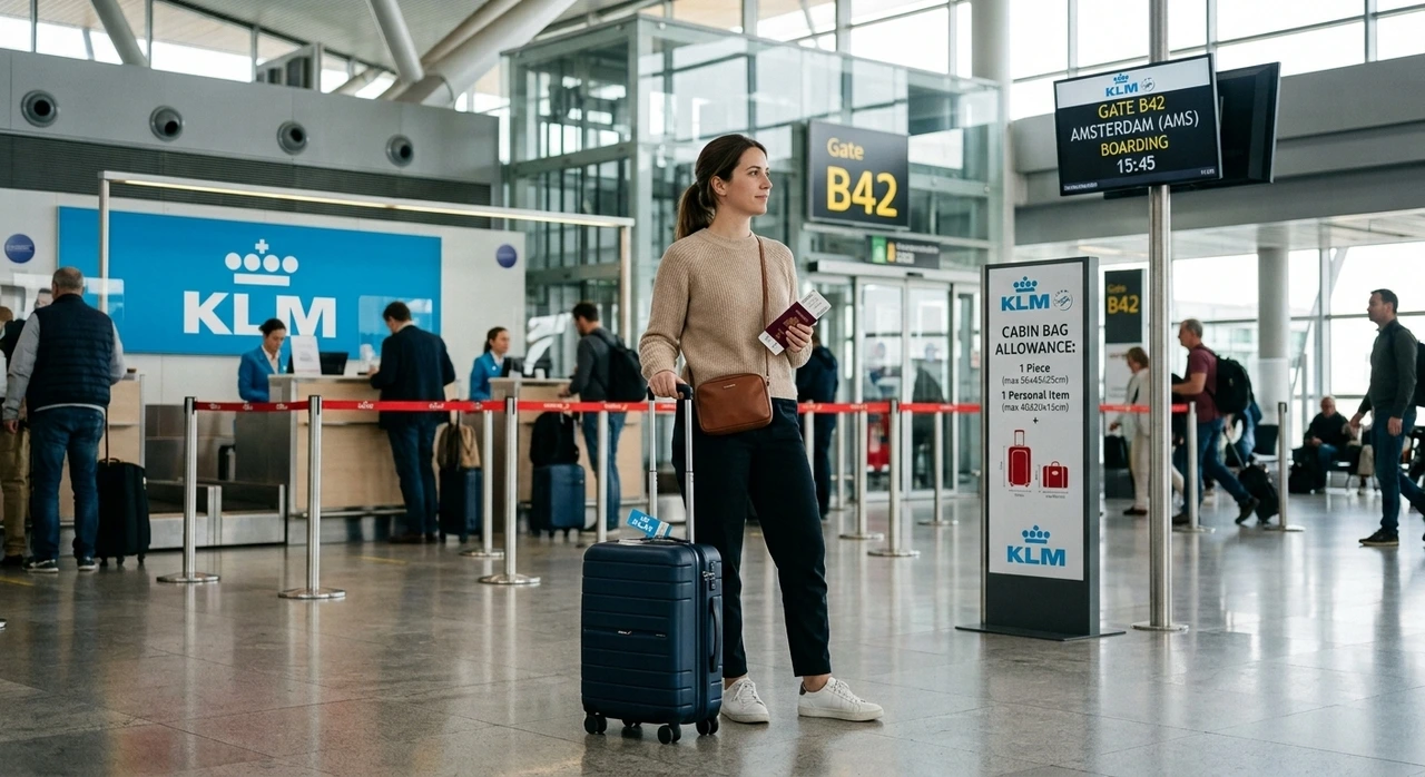Una pasajera frente a la puerta de embarque de un vuelo de KLM.