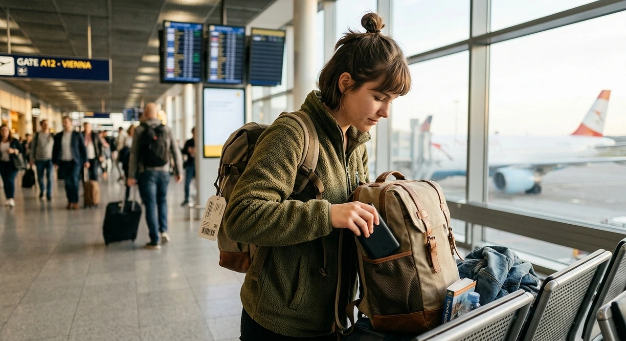 Viajera guardando un power bank en su mochila en el aeropuerto.