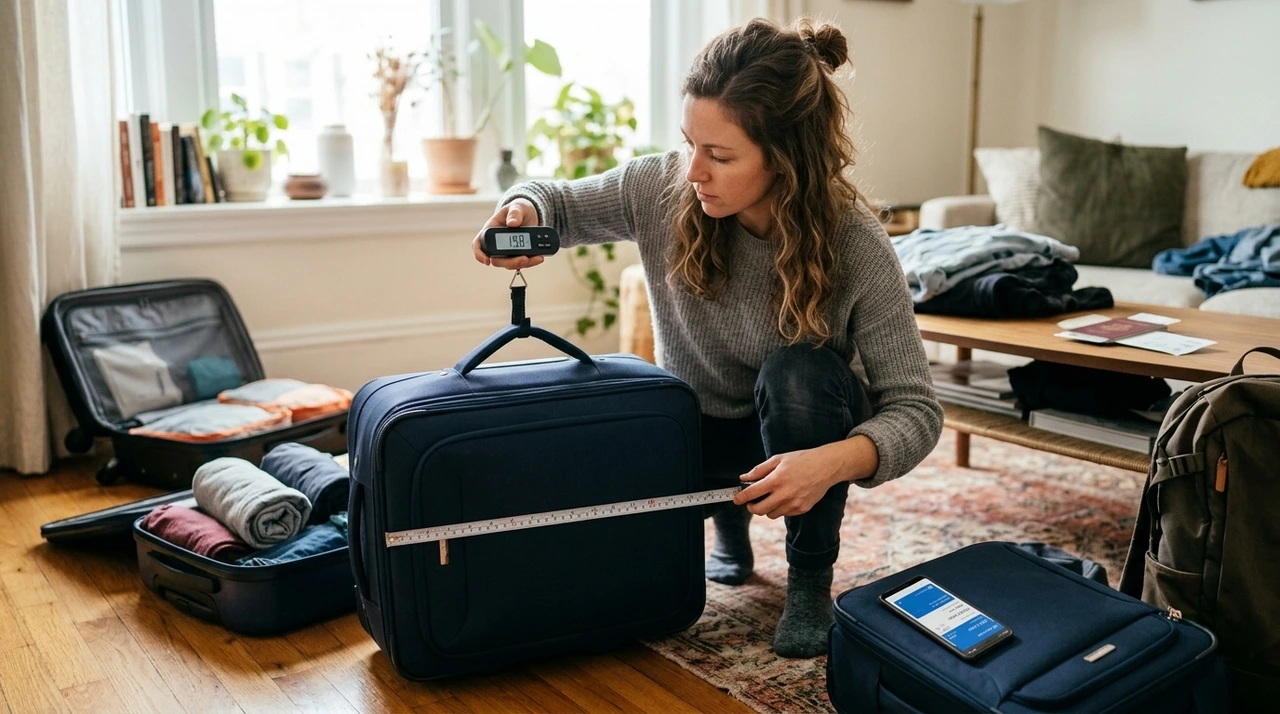 Viajera midiendo y pesando una maleta en casa antes de viajar.
