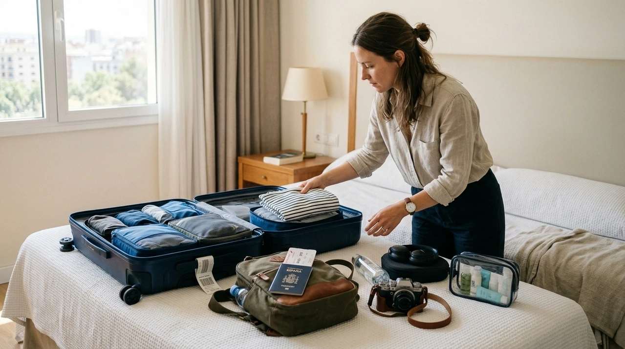 Viajera preparando una maleta de cabina y una mochila en casa