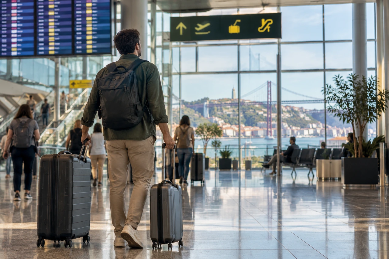 Viajero con maletas durante un Stopover de TAP en Lisboa