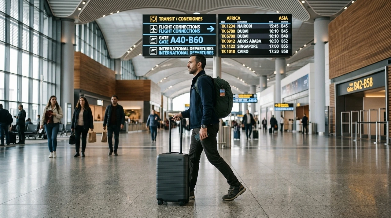 Viajero en conexi&oacute;n en Estambul con equipaje de mano