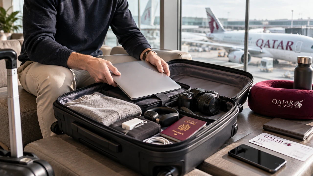 Viajero guardando portátil, cámara y pasaporte en el equipaje de mano