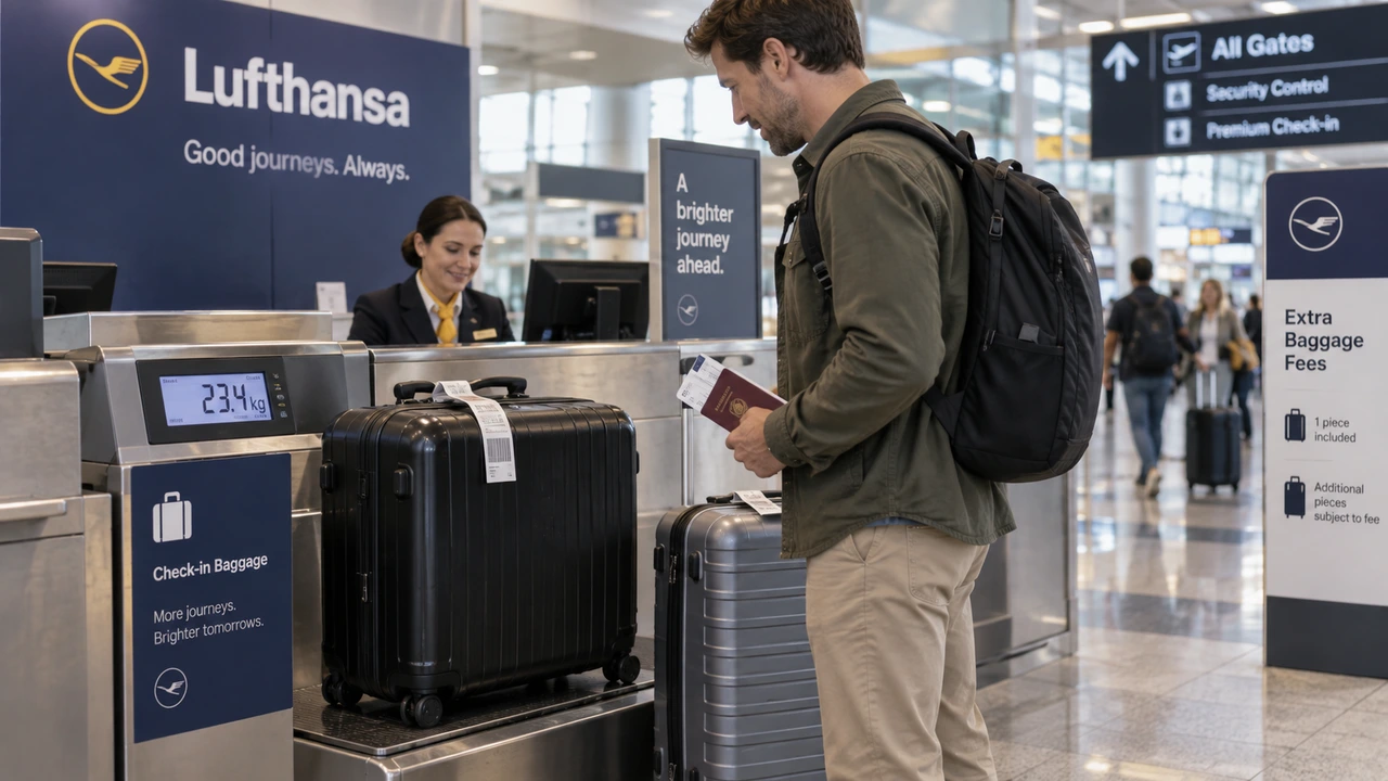 Viajero pesando una maleta facturada en el mostrador de Lufthansa