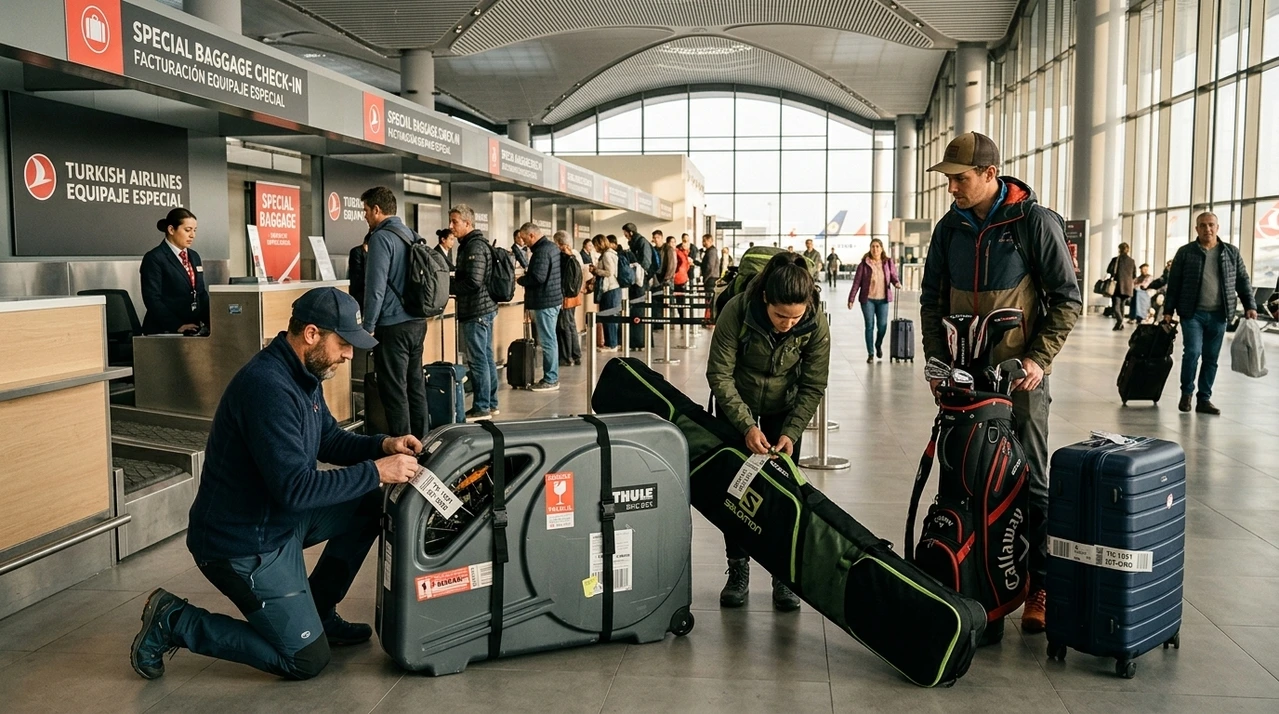 Viajeros facturando bicicleta, esqu&iacute;s y palos de golf en el aeropuerto