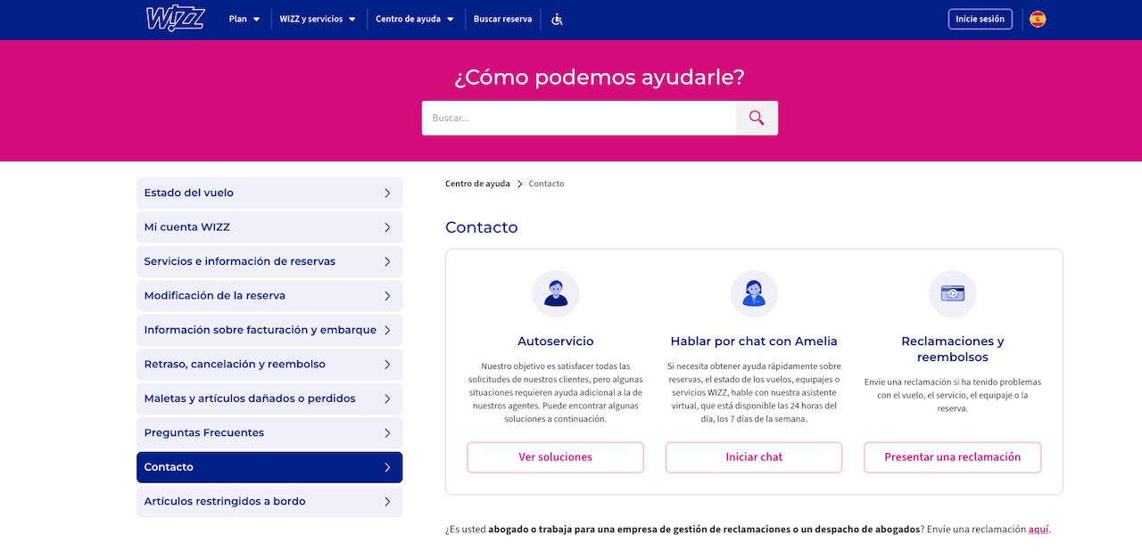 Captura de pantalla del centro de ayuda oficial de la web de Wizz Air