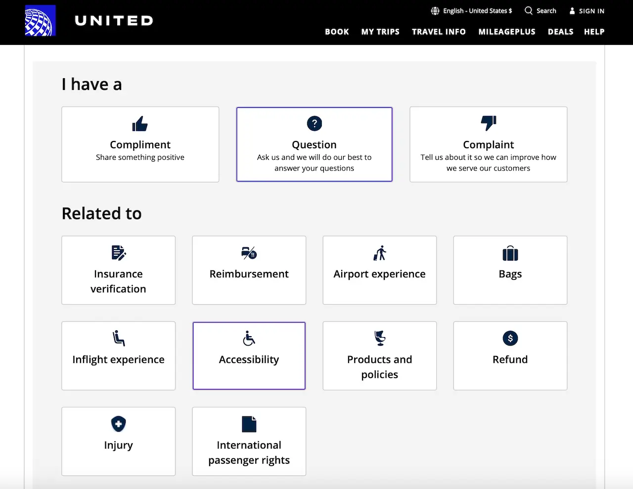 United Airlines Customer Help page