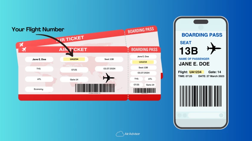 Genrebild över en illustrerad e-biljett och boardingkort