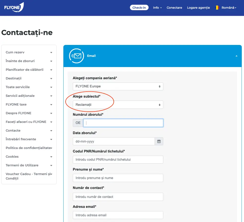 Trimiteți o reclamație Fly One prin e-mail