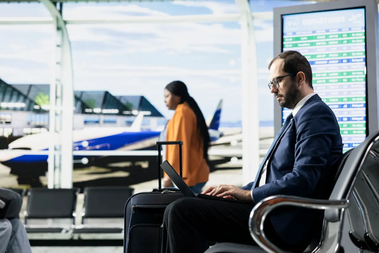 Uomo d'affari all'aeroporto di Malpensa che lavora al computer in attesa del suo volo