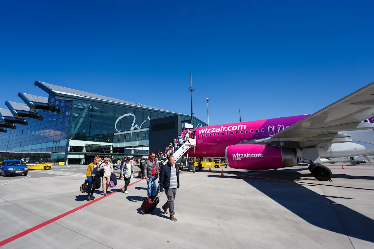 Gdansk, Poland: People go on board the aircraft of Wizz Air at the airport of Lech Walesa